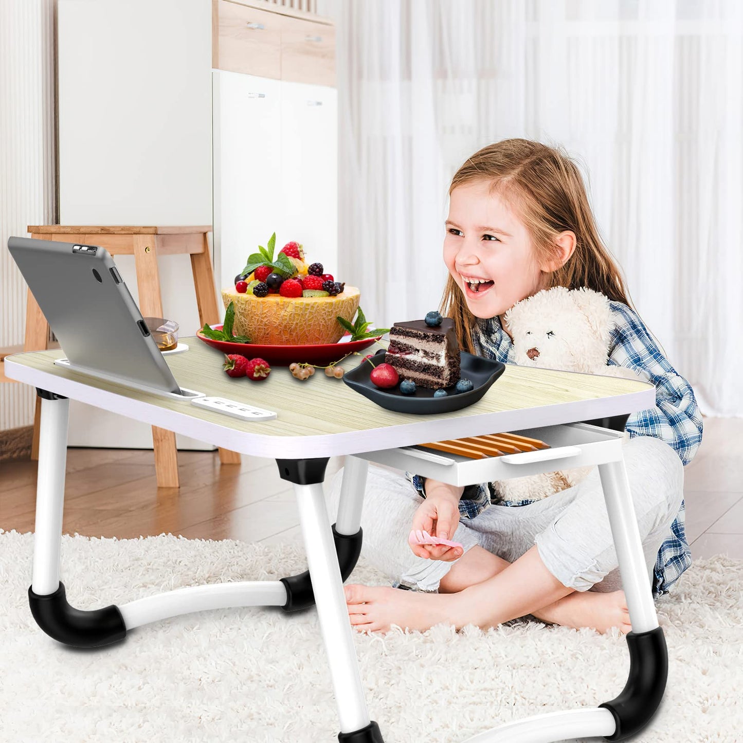 Zapuno Laptop Lap Desk, Foldable Laptop Table Tray with 4 USB Ports Storage Drawer and Cup Holder, Lap Bed Desk Notebook Stand Laptray Portable Standing Table for Bed Couch Floor