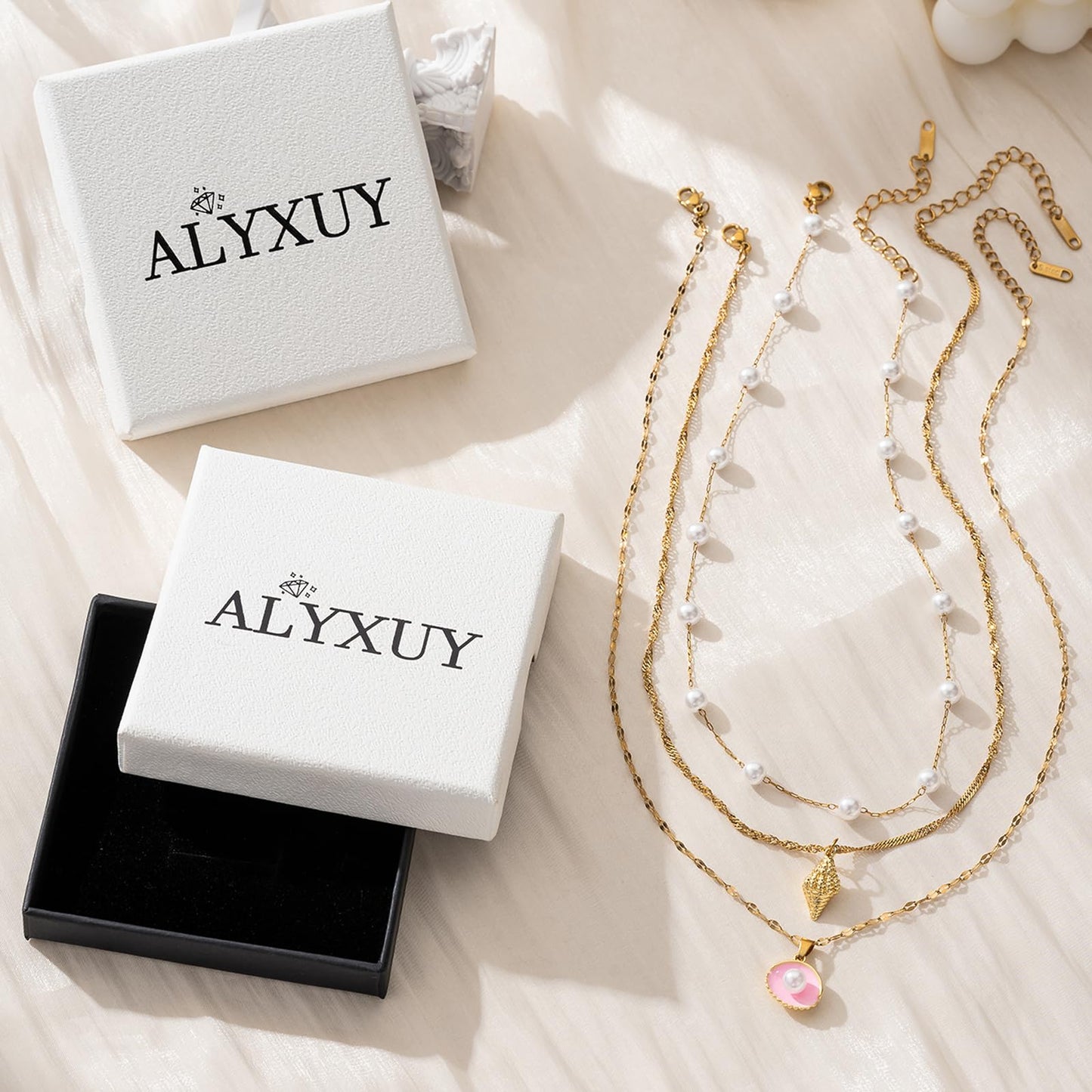 Trendy Stainless Steel Gold Plated Charm Necklace with Heart Pearl Pepper Conch Ceramic Pendant Necklace for Women Collares Chokers Jewelry (Pearl)