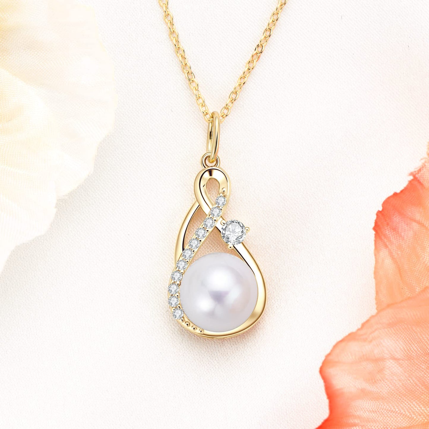 DENGGUANG Freshwater Pearl Pendant Necklace for Women, 14K Gold Plated Infinity Single Pearl Necklace with Moissanite, 925 Sterling Silver Adjustable Chain, Mothers Day Gifts for Mom