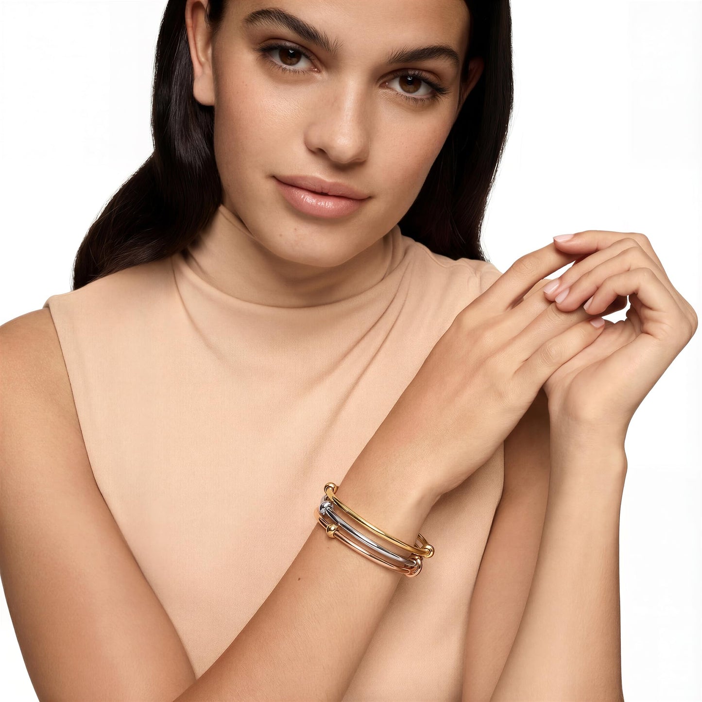 Musishiyu Gold Bracelets for Women Stacking Bangle - 18K Mixed Metal Tri-Color Rolling Interlocking Bands, Cubic Zirconia Fidget Anxiety Jewelry, Perfect Gifts for Mom Wife Grandma