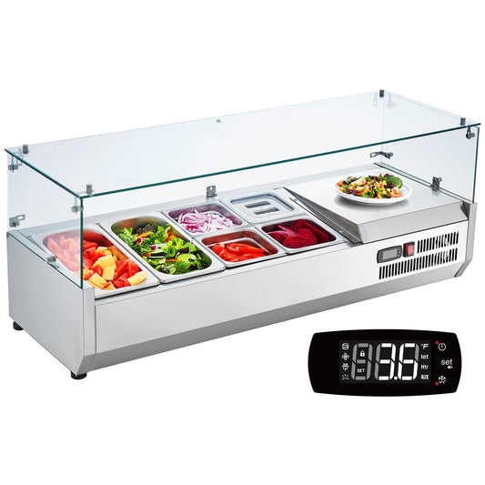 VEVOR Condiment Prep Rail Station, 135 W Countertop Refrigerated Condiment Station, with 2 1/3 4 1/6 Pans, 304 Stainless Body and PC Lid, Sandwich Prep Table with Glass Guard, ETL, Silver