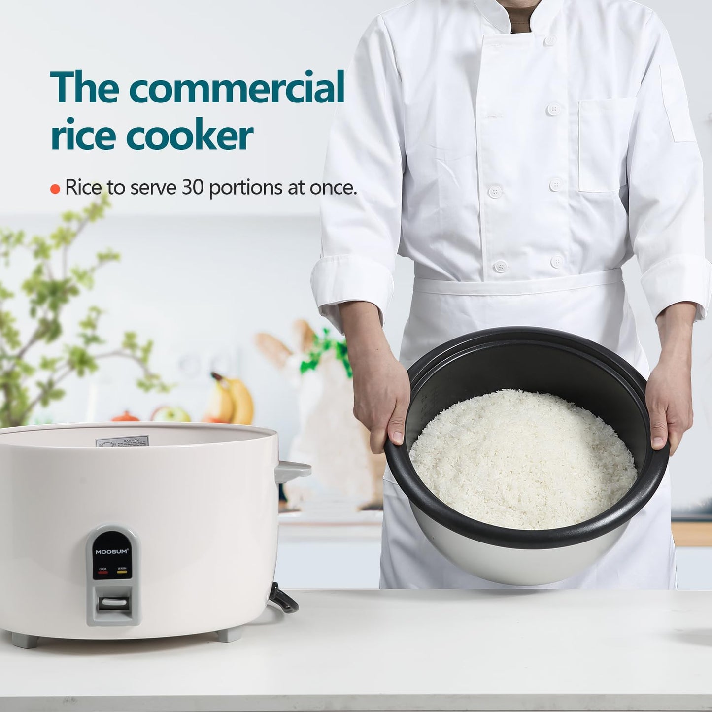 MOOSUM Commercial Rice Cooker, Large Capacity 30-Cup (UnCooked), 60-Cup (Cooked) with One Touch Operation and 12-Hour Keep Warm, Easy to Use and clean, 1600W, White