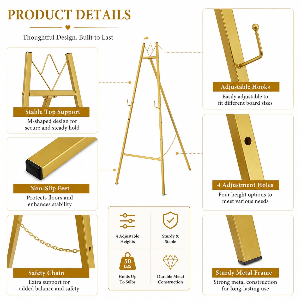 57.5" Gold Easel Stand for Wedding Sign, Heavy Duty Metal Display Stand, 4-Tier Height Adjustable Easel for Art, Paintings, Welcome Signs, Posters, and Décor, Simply Assembly Required