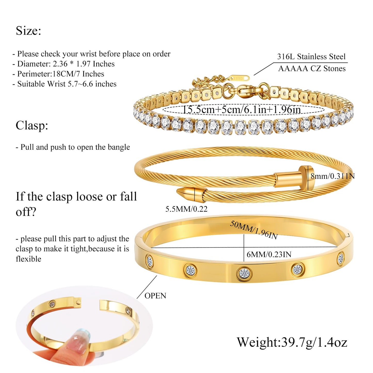 Camhanno Gold Bracelets for Women- 18K Gold Plated Stainless Steel Love Bangle, Nail & Tennis Bracelets Stack Set for Women with Gift Box |Accessories Designer Jewelry (Gold Bracelets)
