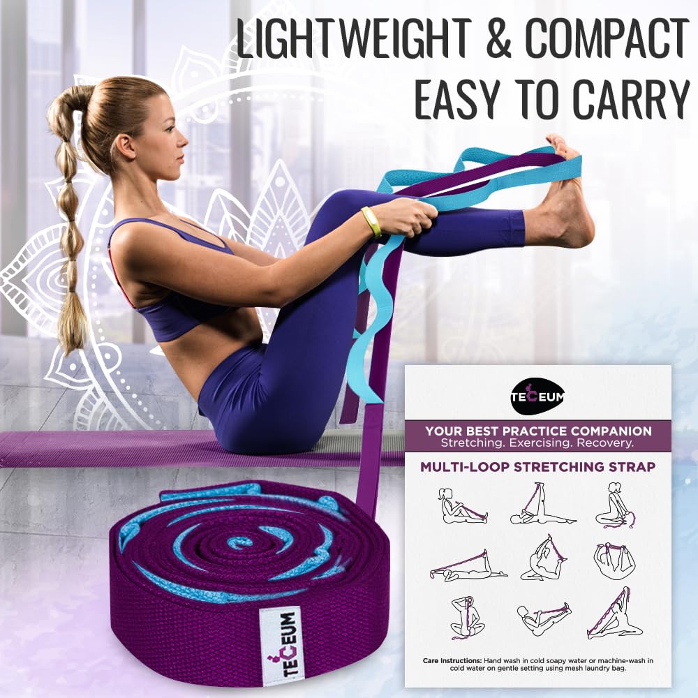 [NEW 2023] TECEUM Yoga Stretching Strap 10 Loops Non-Elastic Strap - Home Workout Stretch Strap for Physical Therapy, Yoga, Pilates cttn 1 in MB