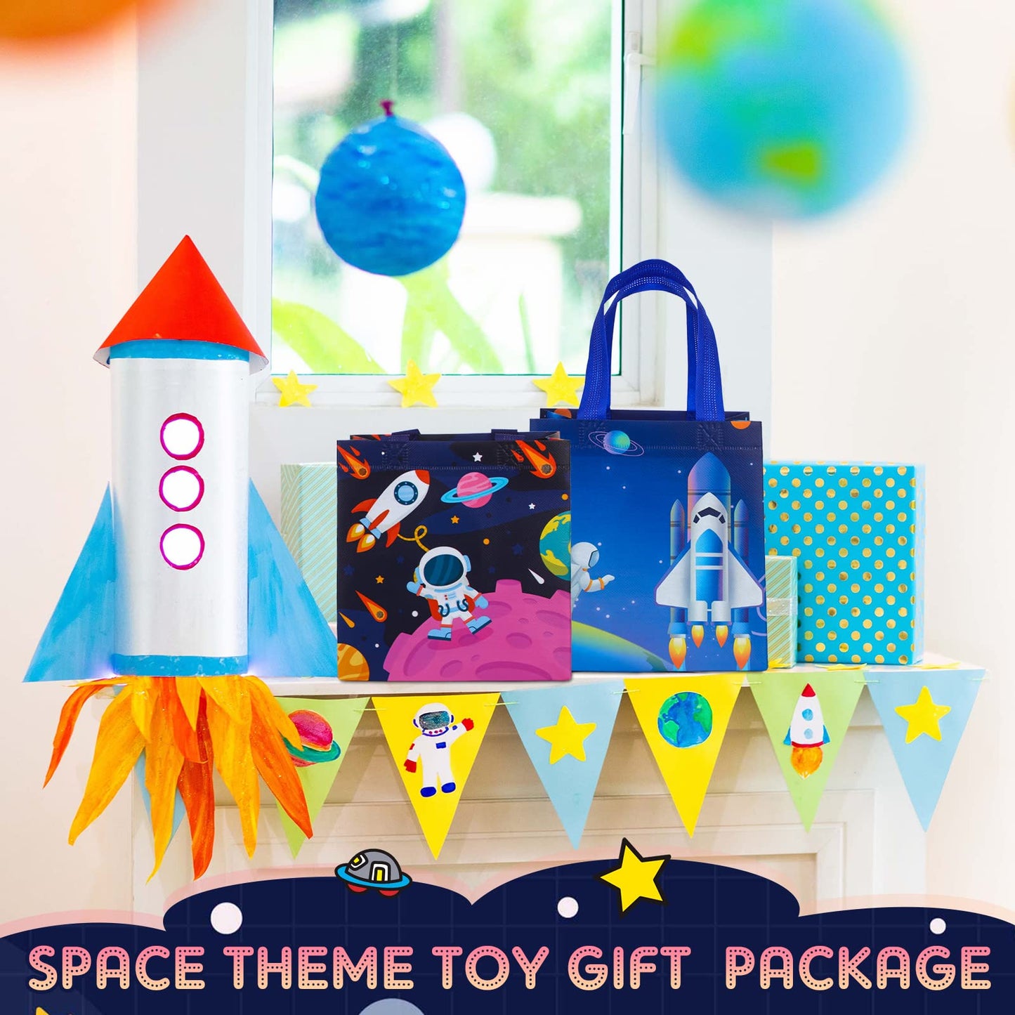 Kigeli 18 Pcs 6 Style Space Goodie Bags, Space Party Favors Large Non-woven Gifts Bags with Handles, Astronaut Planet Rocket Goodie Candy Tote for Baby Shower, Galaxy Theme Birthday Party Supplies