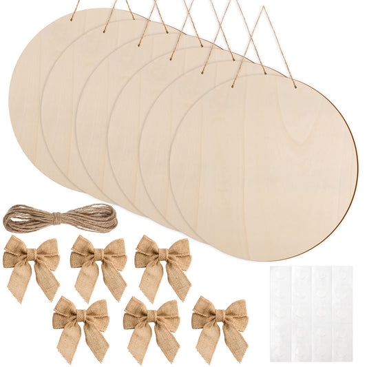 6 Pcs 14 Inch Wood Circles for Crafts Unfinished Wooden Slice Blank Round Wooden Door Hanger Sign Round Wood Discs with Bows,Twine, Glue Point for DIY Craft Christmas Home Holiday Decor,5 mm Thick