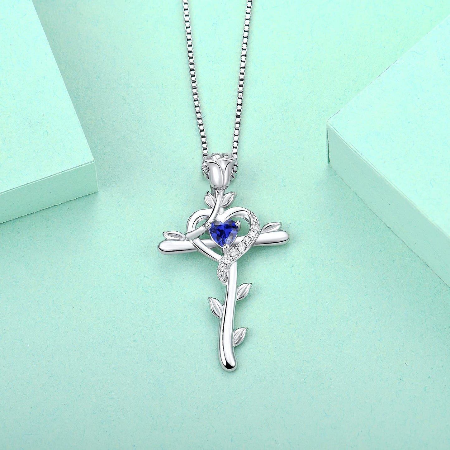 STARCHENIE Rose Cross Necklace 925 Sterling Silver Heart Crucifix Pendant Created Tanzanite Jewelry for Women