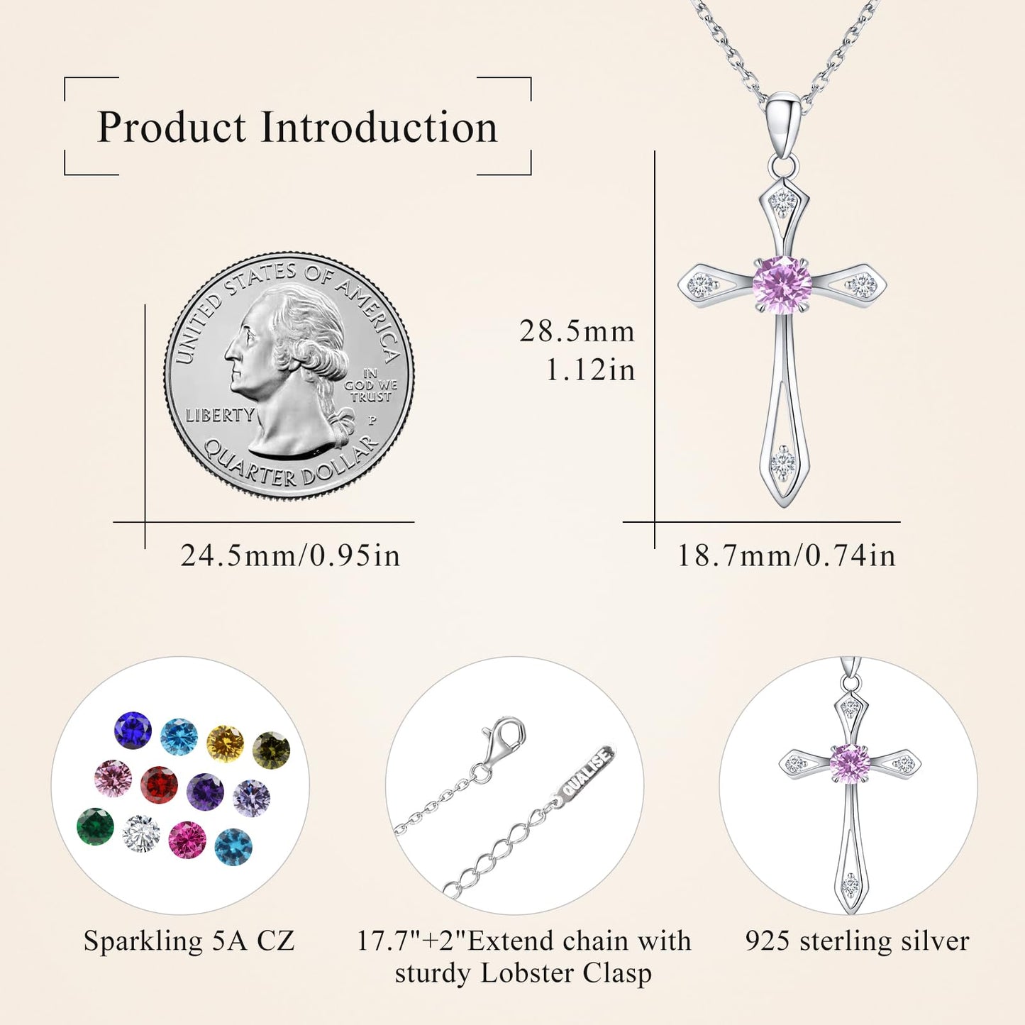 Cross Necklace for Women ,925 Sterling Silver Birthstone Necklace,Pink -October Birthstone Cross pendant jewelry,Faith Religious Fine Jewelry Valentines Day Gifts Birthday Holiday Gifts for Her