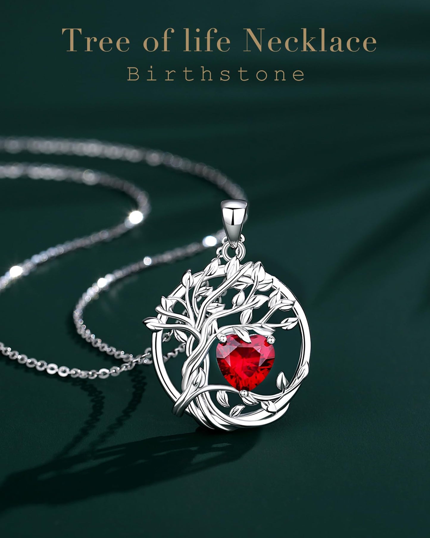 FANCIME Tree of life July Birthstone necklace for women Sterling Silver Tree Jewelry Ruby Pendant Red Gemstone Anniversary Birthday Christmas Gifts for Wife Mom Her