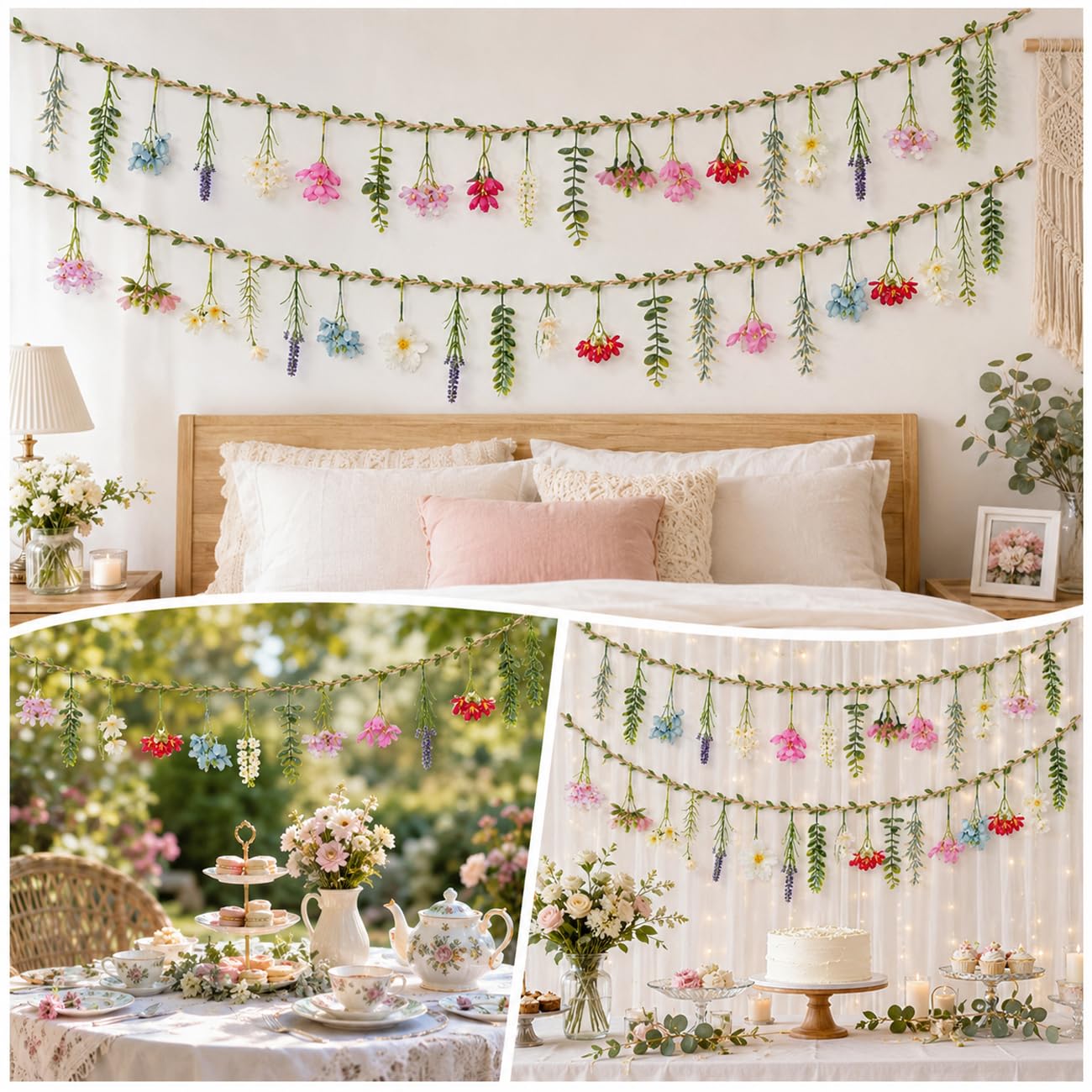2 PCS 6.5ft Artificial Flower Banner Wildflower Garland Hanging Flowers for Garden Birthday Wedding Tea Party Bridal Shower Home Spring Supplies(Hemp Rope)