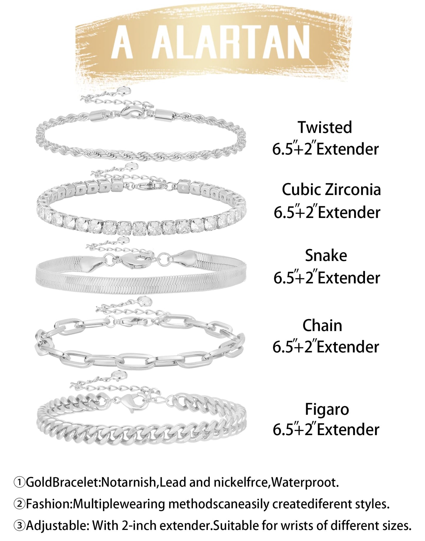 Gold Bracelets for Women 14K Gold Plated Stack Trend Bracelets Charm Paperclip Chain Cuban Link Layered Waterproof Bracelet Dainty Bracelet for Women Jewelry Gifts (5Pcs Silver)