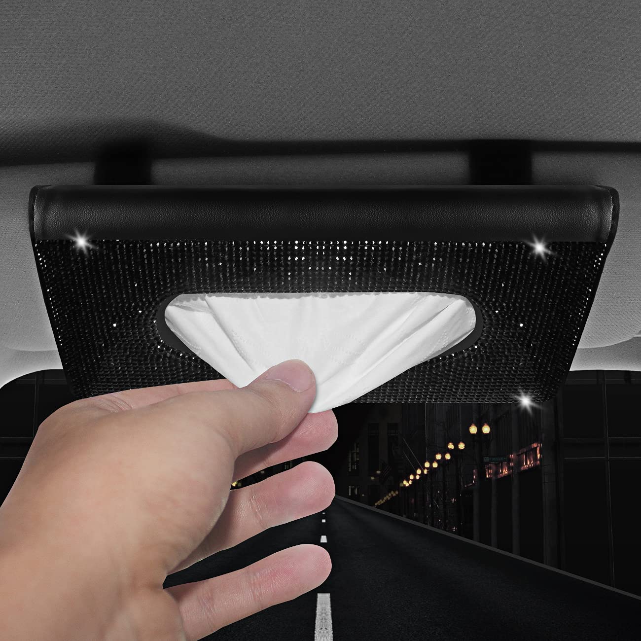 【2024 Upgraded】 Bling Car Sun Visor Tissue Box with Refills Paper Towels, PU Leather Backseat Mask Case,Crystal Sparkling Napkin Holder, Handmade Decoration Accessories for Women,Girls,Ladies as Gift