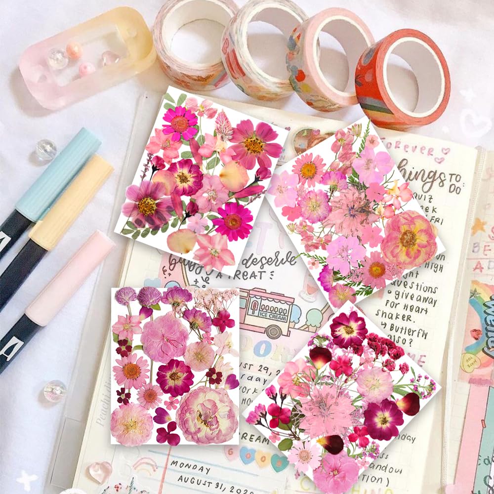 148PCS Pink Dried Pressed Flowers with Butterfly Stickers - YouthBro Real Nature Flowers Craft Set for Resin Jewelry Candle Soap Vase Making Nail Card Scrapbook Art Floral Decors