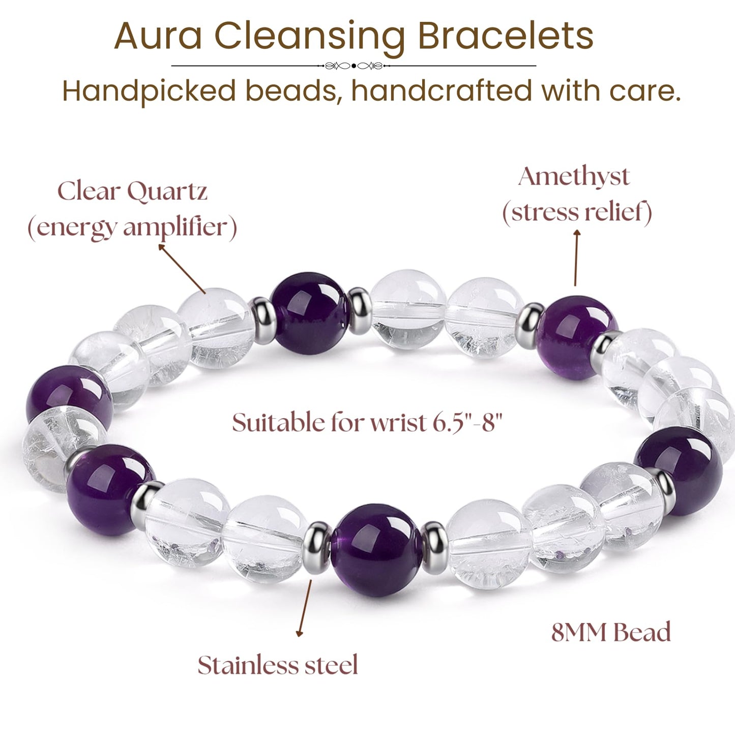 Atminafays 8MM Healing Crystal Bracelet - Amethyst & Clear Quartz | Natural Stone Energy Jewelry for Anxiety Relief and Stress & Positive,adjustable 6.5-8"
