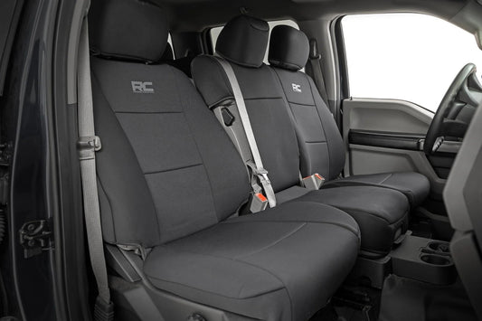 Rough Country Neoprene Seat Covers for Ford F-150 (2015-25)/F-150 Lightning (2022-24)/Super Duty (2017-25) w/Bench Seats - Waterproof & UV Resistant, Foam Padded, Front & Rear Set