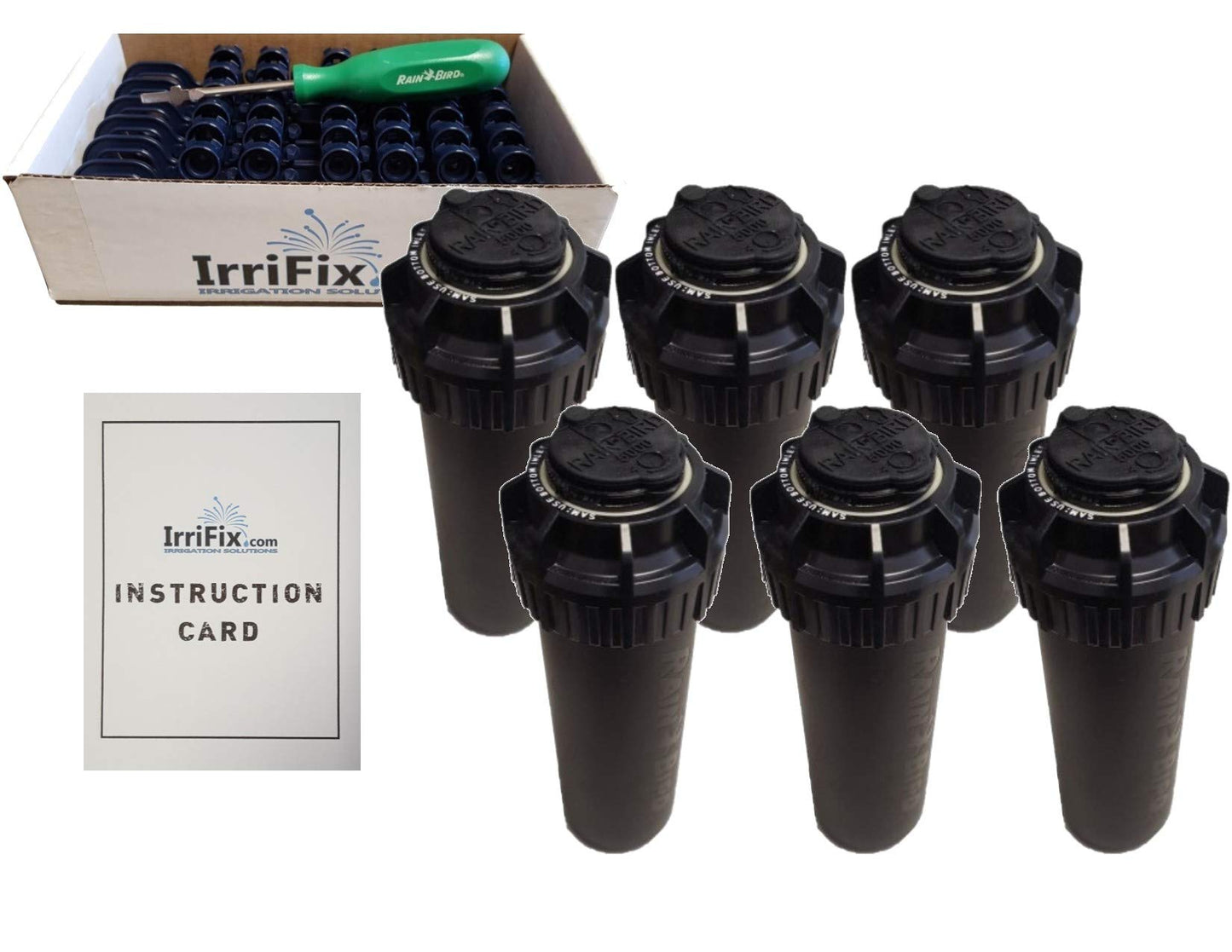 Rain Bird 5000 Series Seal-A-Matic Sprinkler Heads Bundle - 6 Pack 5004PCSAM SAM Rotors with IrriFix Nozzle Box Including 6 Nozzle Trees, 1 Rotortool Screwdriver, and IrriFix Instruction Sheet