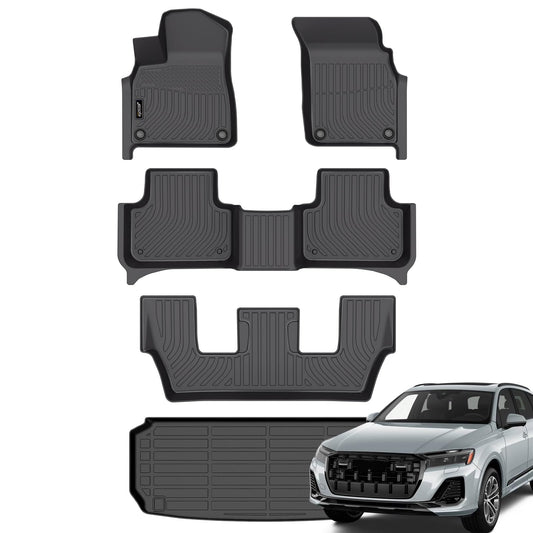 Jenofa-Floor Mats for Audi Q7 / SQ7 2017-2026 7 Seats Cargo Mat Car Mats All Weather Waterproof Durable Rubber High Edge Protection Floor Liners for 2024 Q7 Accessories Full Set Black
