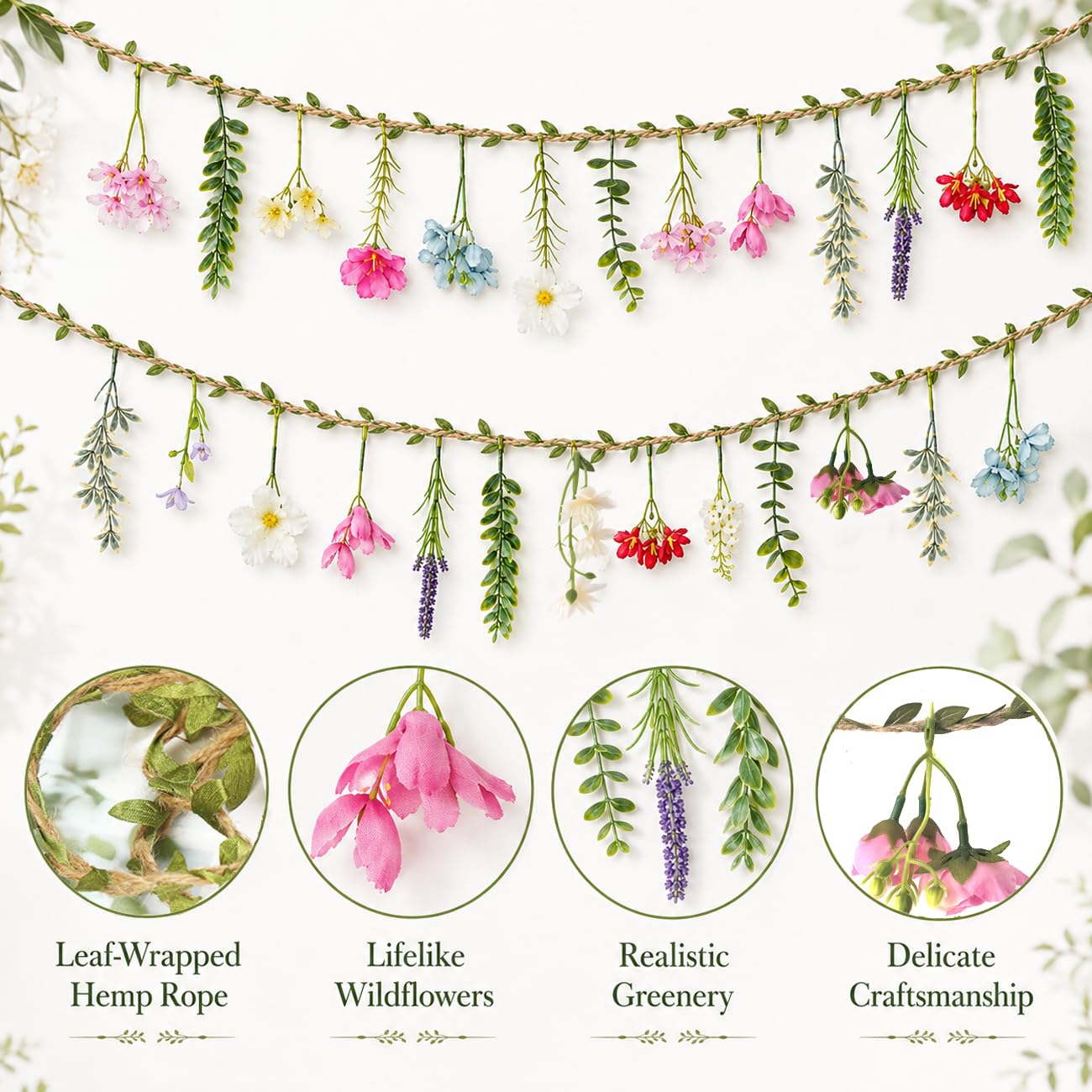 2 PCS 6.5ft Artificial Flower Banner Wildflower Garland Hanging Flowers for Garden Birthday Wedding Tea Party Bridal Shower Home Spring Supplies(Hemp Rope)
