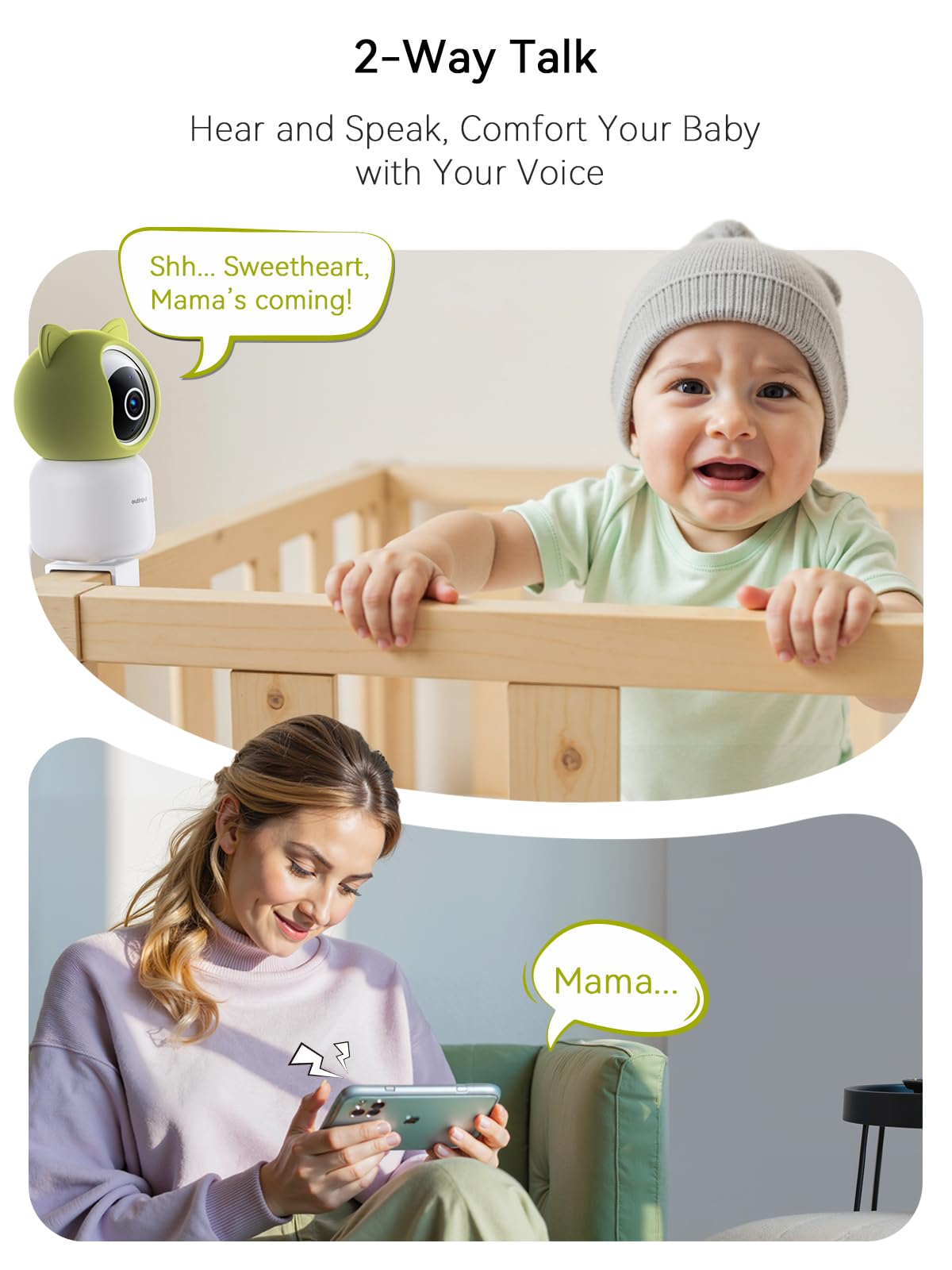 Outinput 2K 4MP WiFi Baby Monitor with Camera and Audio, App Control PTZ, Crying/Feeding/Temp/Humidity Alerts, Night Vision wtih Gentle Light, Soothing Lullabies for Baby Sleep, Cloud&Local Storage