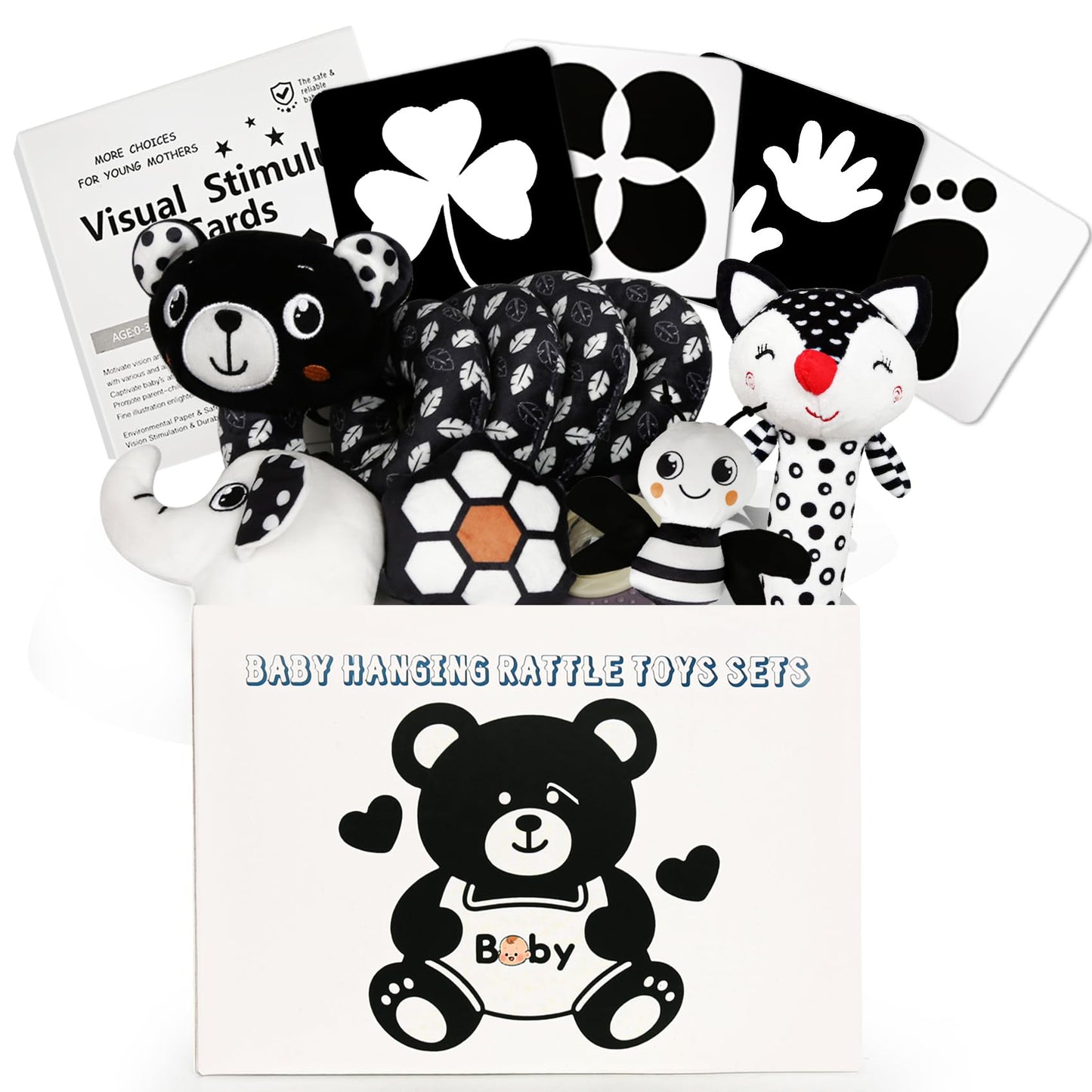 TSYAN High Contrast Baby Toys for Babies 0-6 Months, Black and White Baby Sensory Toys with Car Seat Toys,Infant Toys with Black White Cards Book, Montessori Toys for Baby Gifts