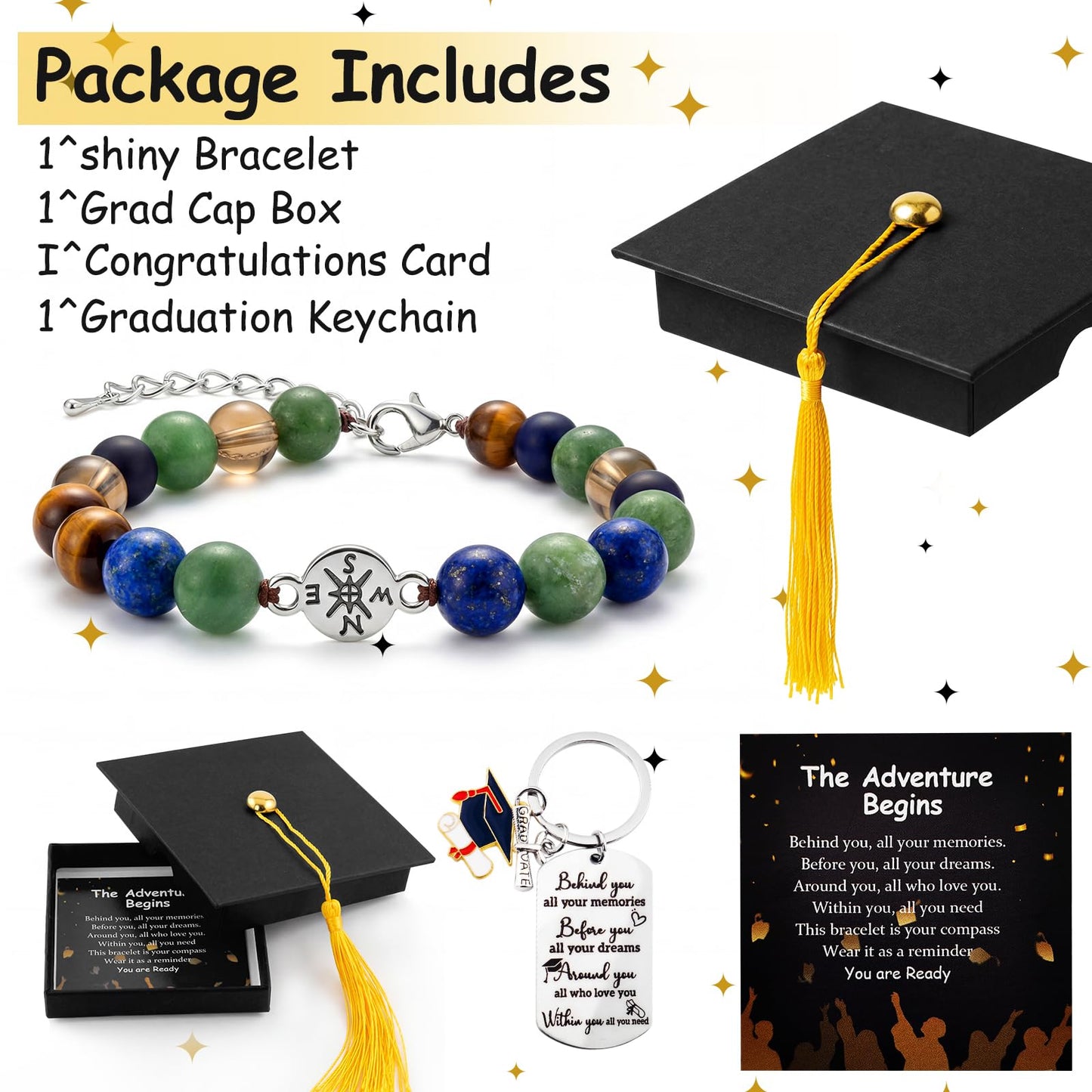 Graduation Bracelet Set 2026 for Him & Her, Natural stone Beaded Bracelet with 7 Chakra Stones or Matte Style, Compass Keychain, Card & Gift Box for High School College Grad (Minimalist Matte)
