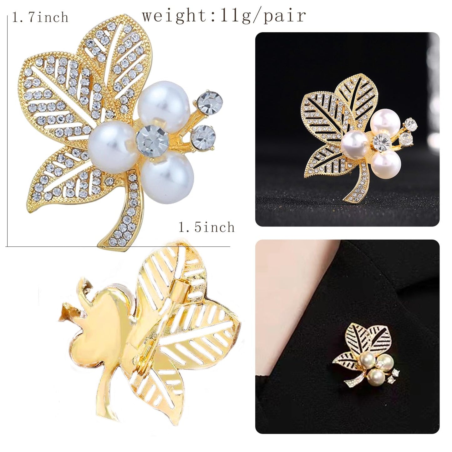 Flower Leaf Crystal Brooches Pins Fashion Beautiful Created Rhinestone Pearl Floral Brooch Good Idea for Party Dance Wedding Banquet for Elegant Women Girl(Pearl Leaf)