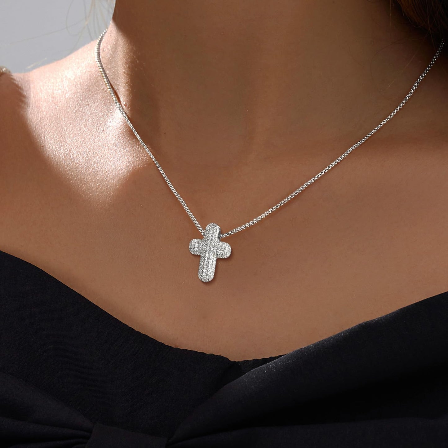 OGD Cross Necklace for Women 925 Silver Plated Dainty Cross Chain Pendant Trendy CZ Diamond Crucifix Charm Bubble Necklace Non Tarnish Hypoallergenic Faith Choker Religious Gifts for Women