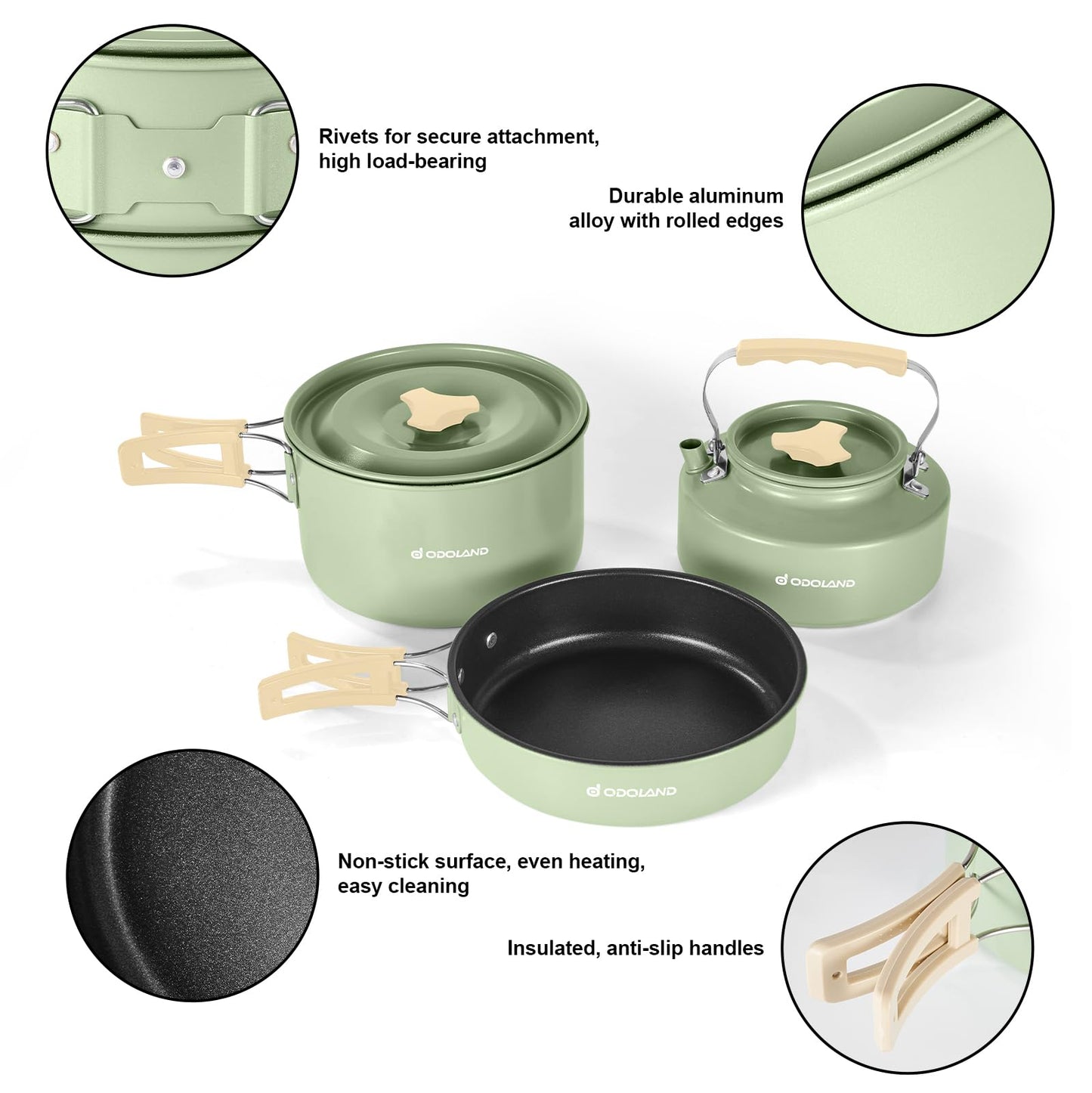 Odoland 15pcs Camping Cookware Mess Kit, Non-Stick Lightweight Pot Pan Kettle Set with Stainless Steel Cups Plates Forks Knives Spoons for Camping, Backpacking, Outdoor Cooking and Picnic