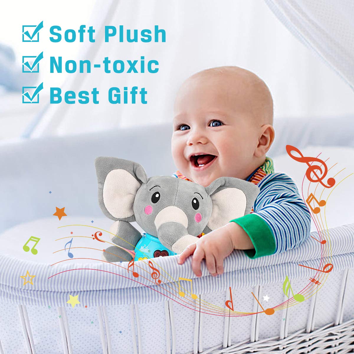 Aitbay Plush Elephant Music Baby Toys 0 to 6 Months, Cute Stuffed Animal Light Up Baby Toys Newborn Baby Musical Toys for Infant Babies Boys & Girls Toddlers 6 to 12 Months