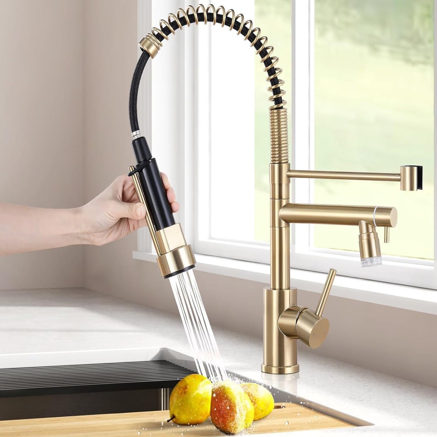 VIDEC Smart Kitchen Faucet, 3 Modes Pull Down Sprayer, LED Temperature Control, Ceramic Valve,360-Degree Rotation,1 or 3 Hole Deck Plate, Double Spout. 10-Year Warranty.(Brushed Gold, KW-21CG)