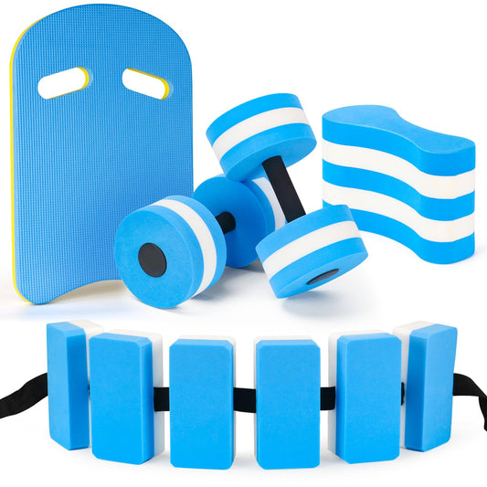 NEAGLORY 5 Pieces Water Aerobics Set Aquatic Exercise Set Pool Fitness Equipment with Foam Dumbbell, Swim Kickboard, Pull Buoy, Aquatic Swim Belt for Water Workout, Blue