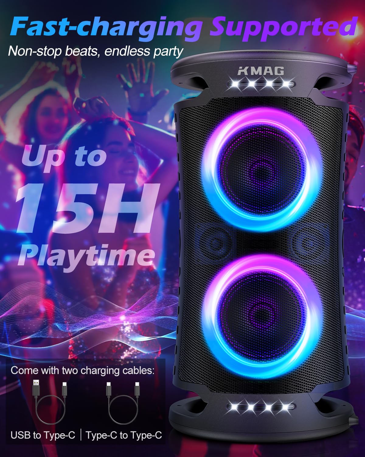 Large Party Bluetooth Speaker, 260W Peak Powerful Loud Sound with Deep Bass, 15Hr Playtime, Fast Charge, RGB Cool Light Show, TWS, Portable for Outdoor Beach, Camping, Backyard, Work, Home (Black)