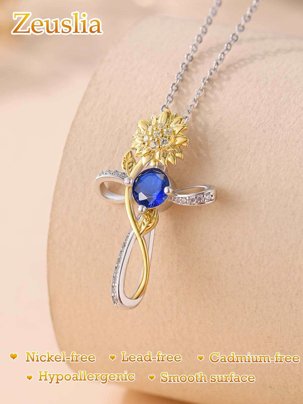 Cross Necklace for Women Sterling Silver Cross Pendant Jewelry with Sunflower Sapphire September Birthstone Necklace Christian Religious Baptism First Communion Confirmation Birthday Gifts for Women