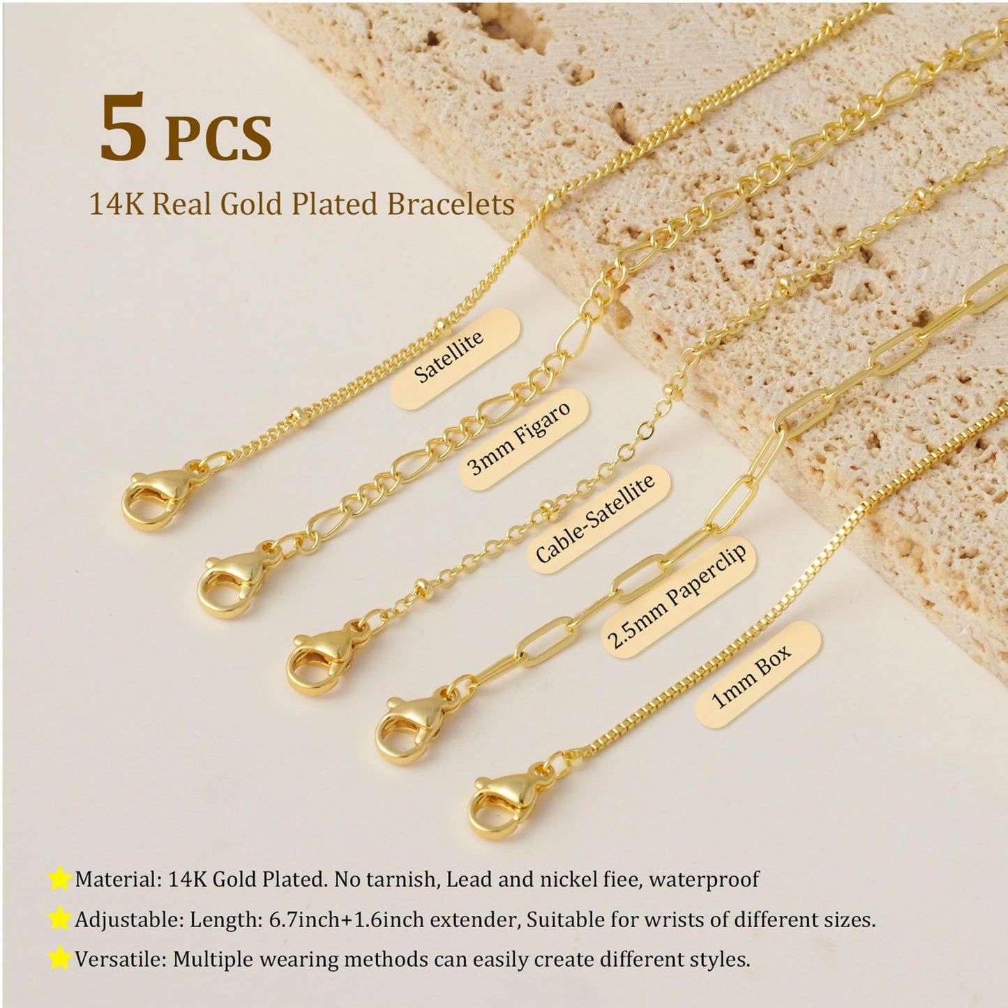 Gold Bracelets for Women, Dainty 14K Gold Plated Bracelet Stack for Women Trendy CZ Tennis Paperclip Cuban Chain Stackable Adjustable Waterproof Link Bracelet Jewelry Set Fashion Accessories Gifts