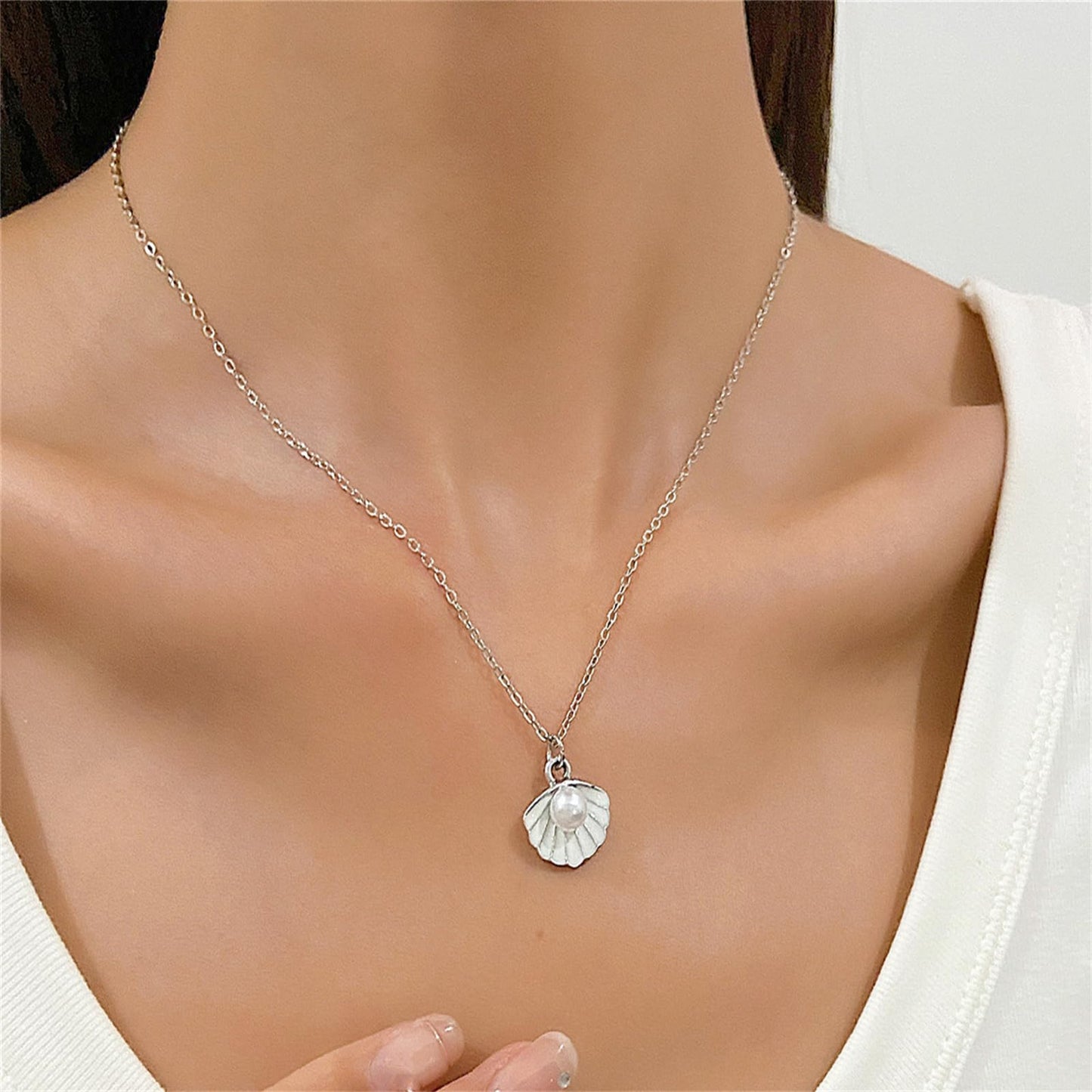 Seashell Pearl Pendant Necklace Gold Plated Boho Enamel Pink Blue Scallop Sea Shell Starfish Ocean Animal Chain Necklace for Women Hawaiian Summer Beach Holiday Fashion Jewelry Gifts (white)