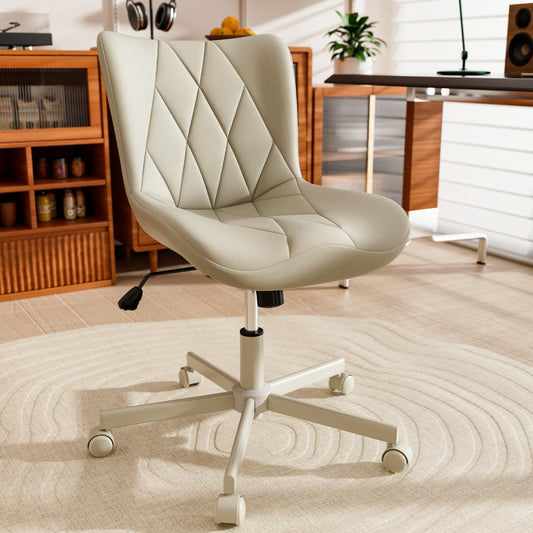 JULYMON Armless Desk Chair, Morden Home Office Chair no Arms, Adjustable Height & Rocking Computer Chair, PU Leather Vanity Chair, Ergonomic Seat Soft Padded Desk Chairs for Home Small Space, Beige