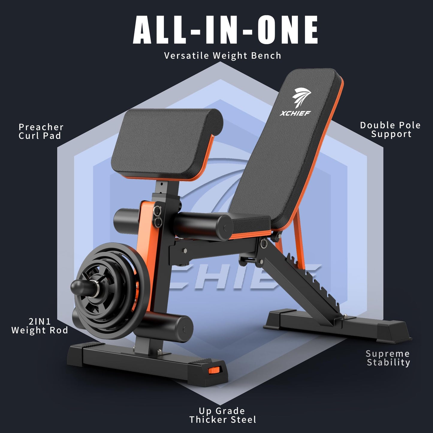 XCHIEF Adjustable Weight Bench - 1000LBS Capacity Heavy Duty Foldable Workout Bench for Full Body Exercise, Flat/Incline/Decline, Bench Press for Home Gym with Preacher Pad & Leg Extension