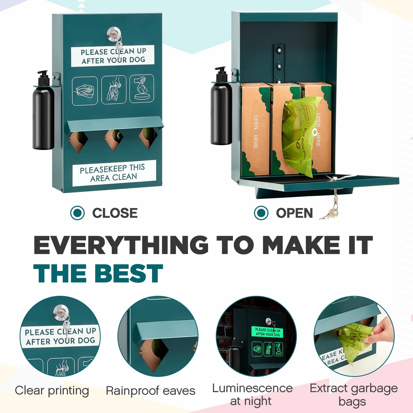Qinyoung Pet Waste Station, Includes 600 Roll Bags, Dog Waste Station with Foot Pedal, Dog Poop Sign, Bag Dispenser, Hand Sanitizer Bottle and Covered Outdoor Trash Can for Parks, Trails Outdoor