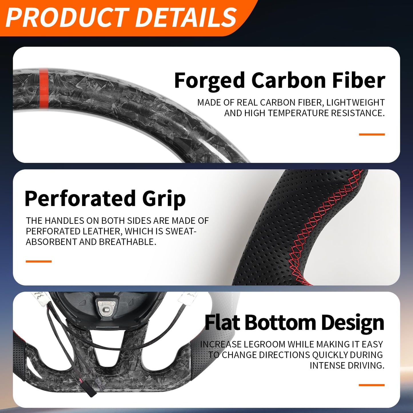 JIANGGAI D-shaped Flat-bottom Steering Wheel with Heated, Preforated Leather Grip Forged Carbon Fiber Steering Wheel Compatible with Dodge Challenger/Charger 2015-2024
