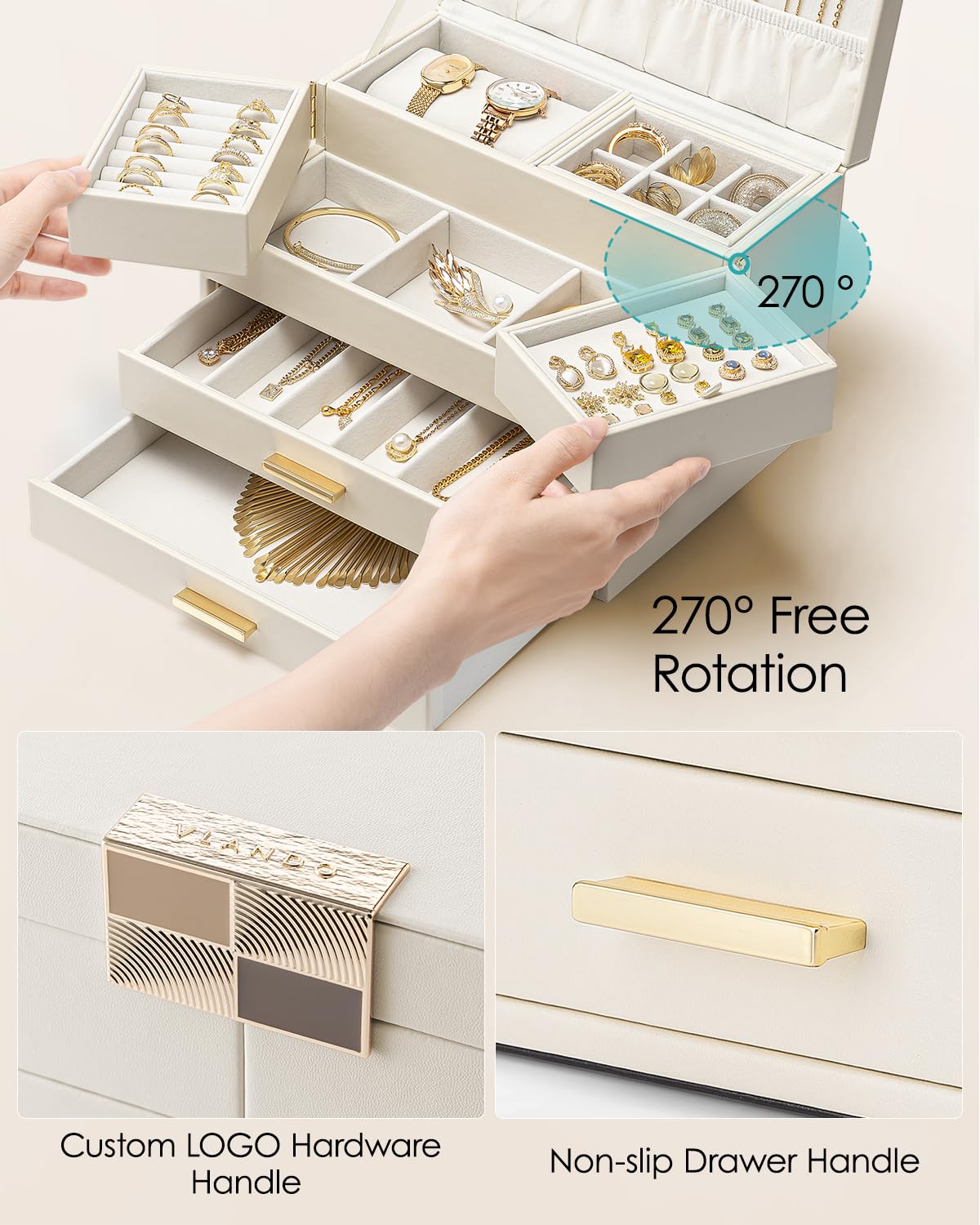 Vlando 4 Layers Jewelry Box - Women Jewelry Box with Retractable Tray - Jewelry Organizer with Drawer for Necklaces, Rings, Bracelets, Earrings, Valentines Gift for Mom Girls - Cloud White