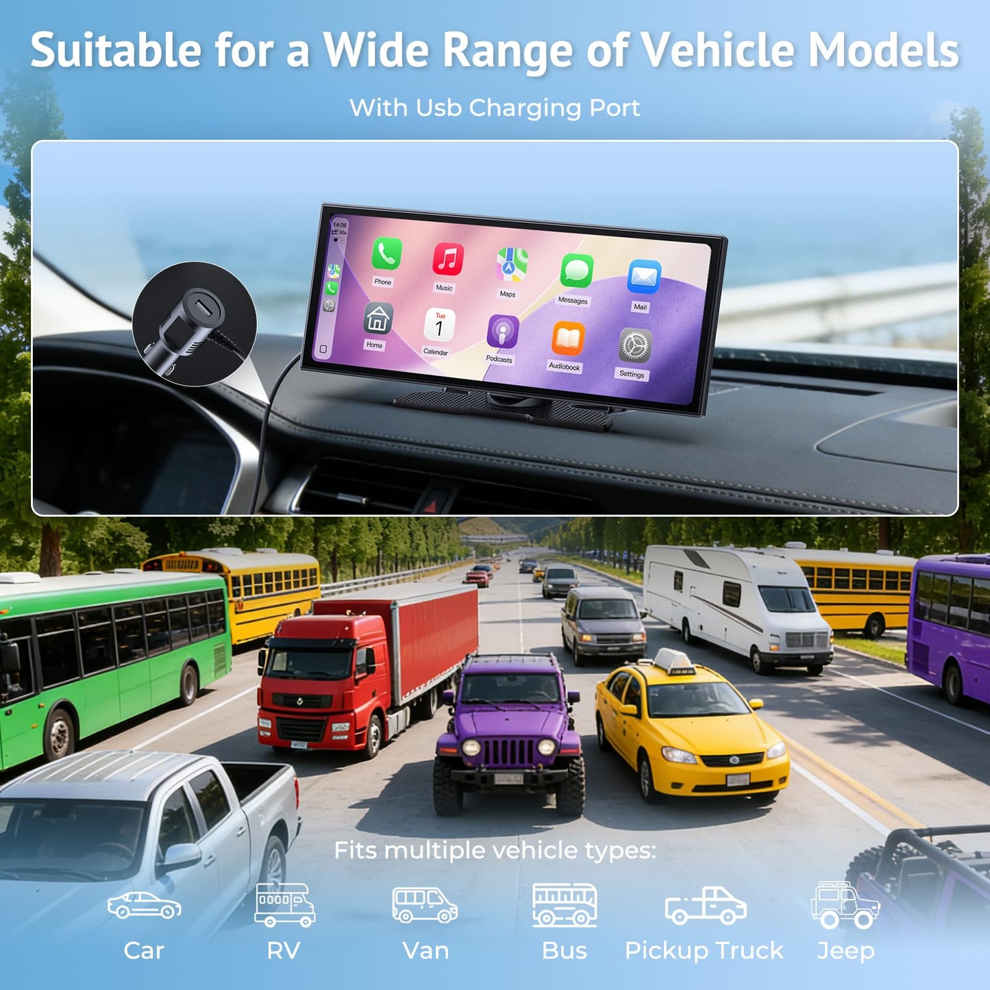 Wonsidary 11.26" Wireless CarPlay Screen for Car,Portable CarPlay & Android Auto Screen,1080P Backup Camera,Split-Screen,Dual Bluetooth,Navigation & Voice Control,Support OTA,for All Vehicles