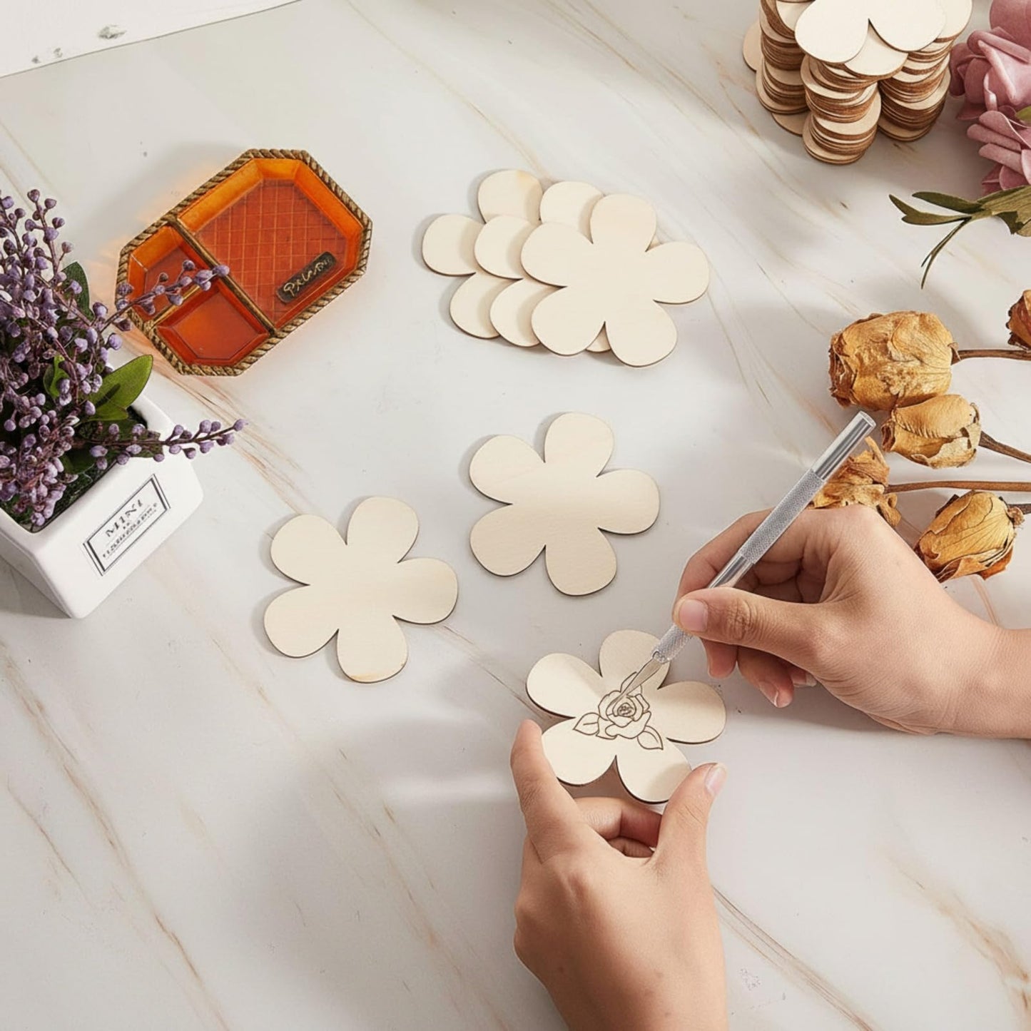 Blulu 50 Pcs 3 Inch Unfinished Wooden Flower Cutouts Wooden Discs Crafts Blank Flower Shape Ornaments Embellishments Slices for DIY Projects Decoration
