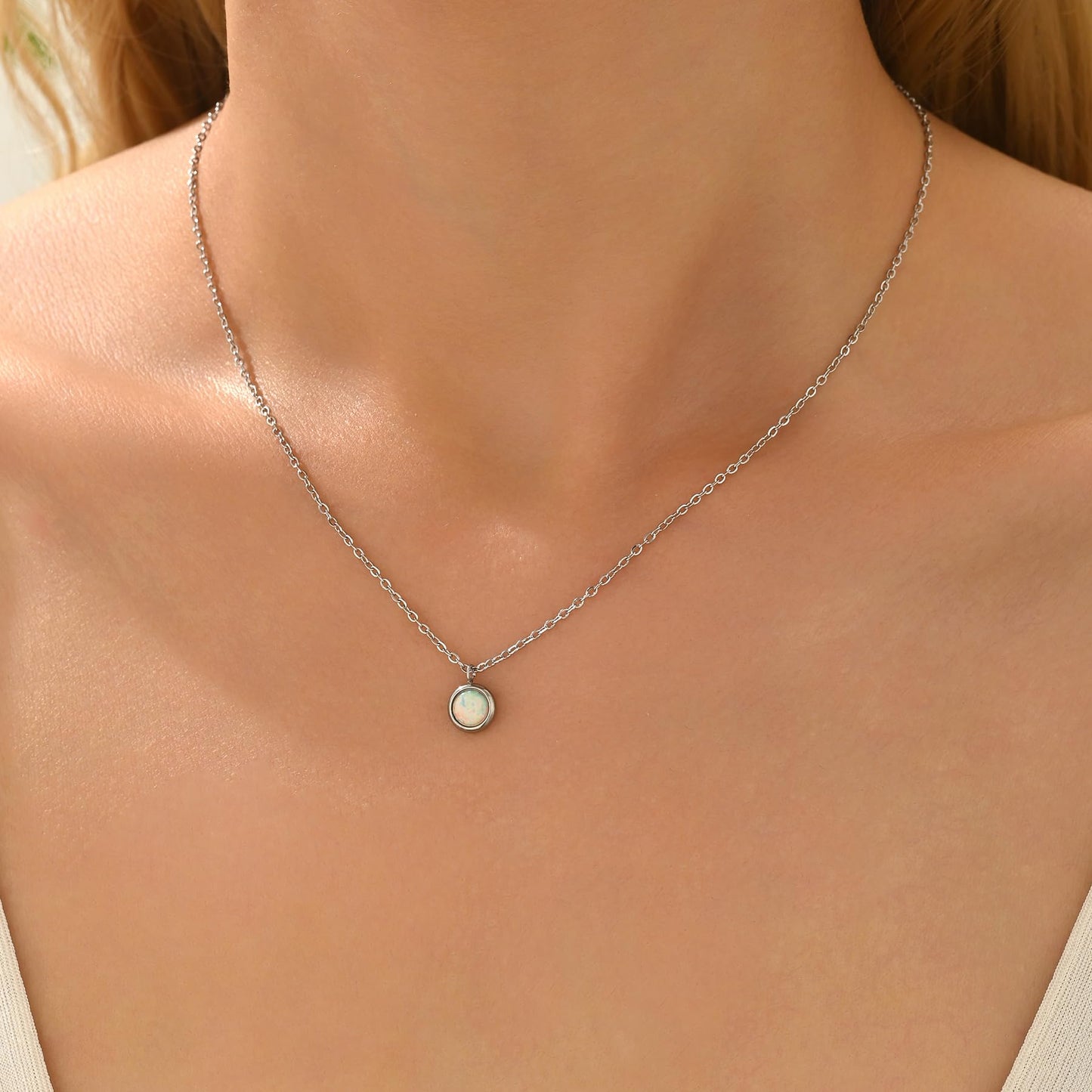 NONAMOIS Stainless Steel White Opal Pendant Necklace for Women Dainty Created Opal Choker Necklace Trendy Non Tarnish Jewelry Gifts