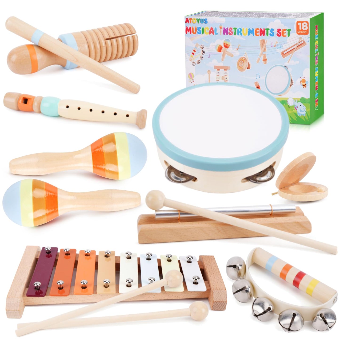 Wooden Toddler Musical Instruments Set, Montessori 18 Month Old Baby Musical Toys, Kids Percussion Instruments Xylophone Maracas for Toddlers 2 3 4, Preschool Christmas Birthday Gifts for Girls Boys