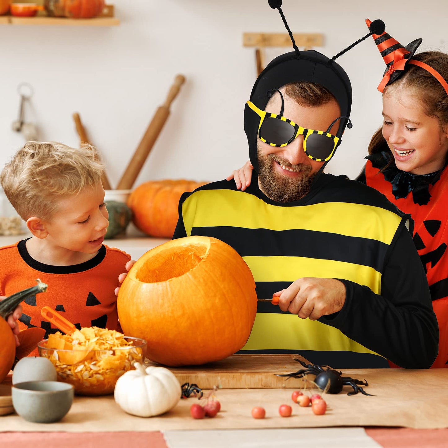 Haull 7 Pcs Adult Bee Costume Kit Men Bumble Outfit Bee Glasses Headband Basket Accessories Funny Halloween Cosplay Party(XX-Large)