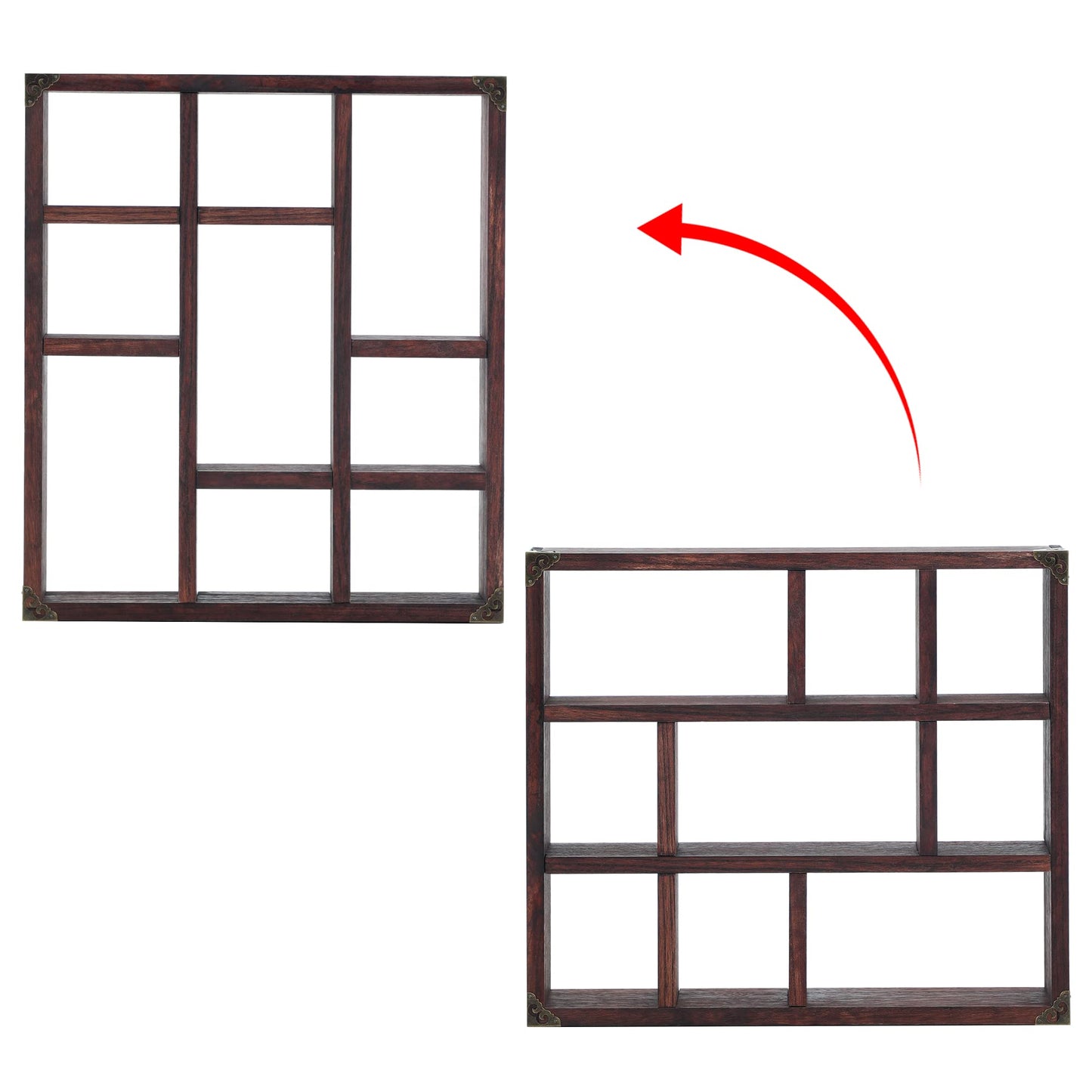 MITREL 17.7x15.7-Inch Shadow Box Shelf 9-Slot Rustic Floating Shelves Larger Wall Mounted Shelf Lightweight Solid Wood Display Shelf Freestanding Farmhouse(Set of 2,9C-Rustic Walnut)