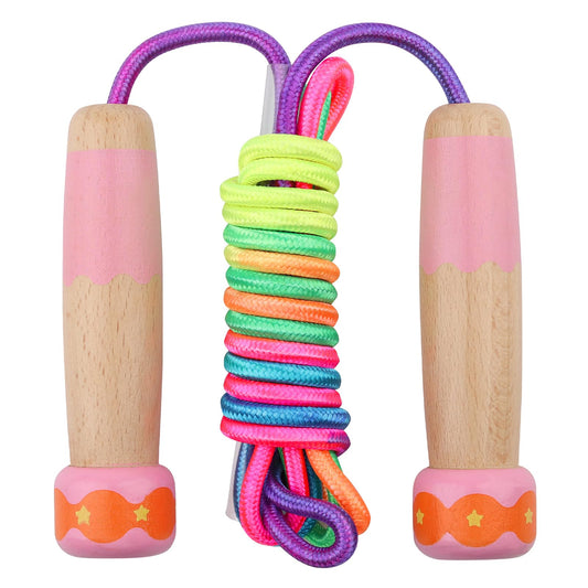 Jump Rope for Kids Adjustable, Lorvain Rainbow Skipping Rope, Kids Jump Ropes with Wooden Handle for Girls Boys, Weighted Jumping Ropes for Fitness Workout Exercise Outdoor Fun Activity（Pink)