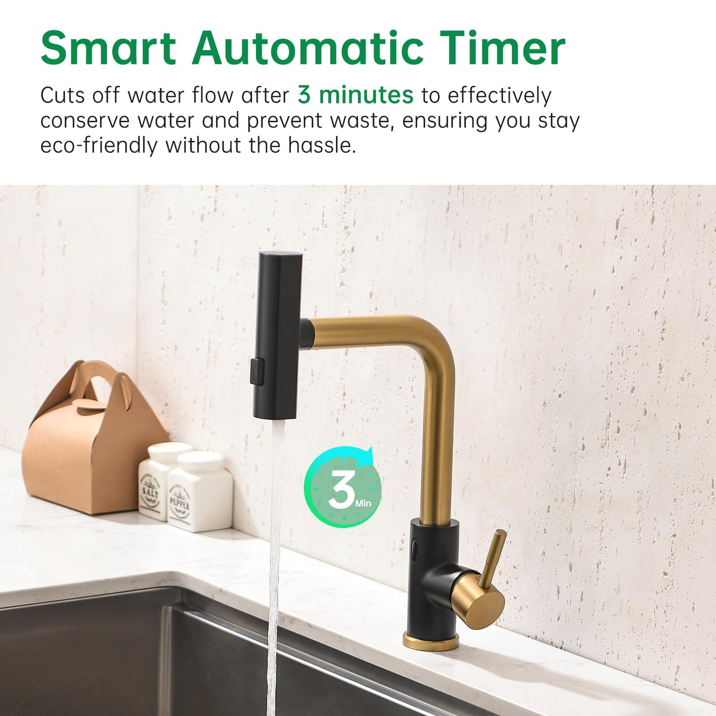 CENOSA Touchless Kitchen Faucet Motion Sensor Hands Free Single Handle Kitchen Sink Faucet with Pull Down Sprayer Black and Gold