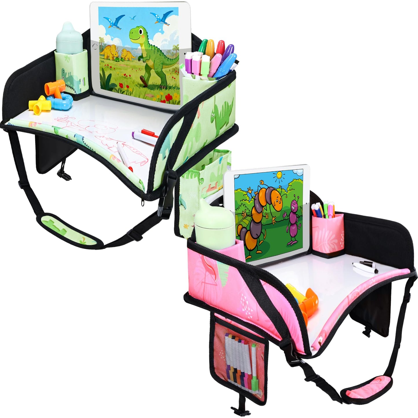 WENRENER 2PCS Kids Travel Tray, Car Seat Tray for kids Travel, Toddler Road Trip Essentials With Drawing Kit, Toddler Lap Desk Organizer for Car, Carseat Table for Airplane
